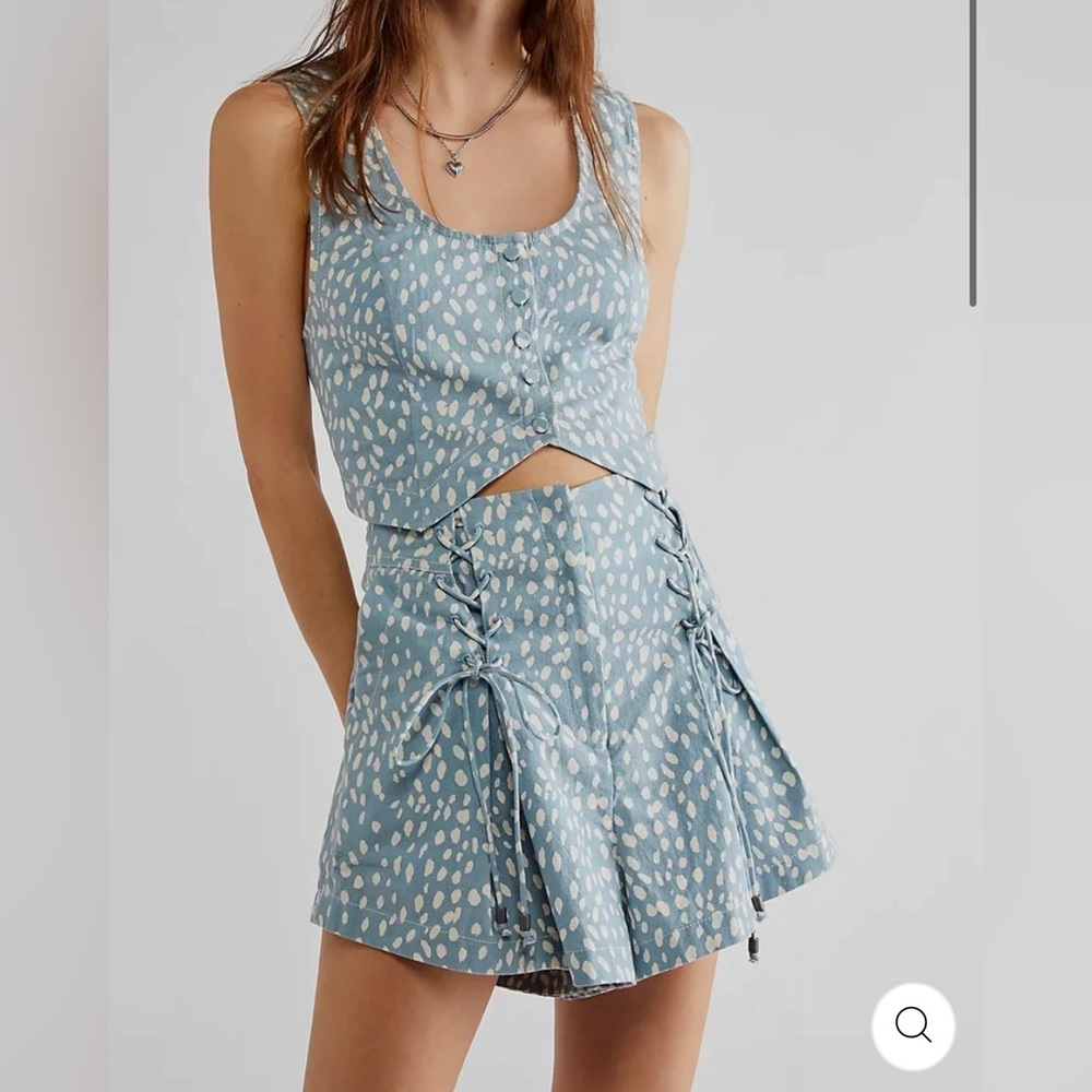 Free People Bennett Printed Top and Shorts Matching Set Blue Cream - 2